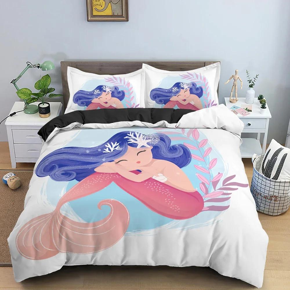 Mermaid Cartoon Pattern Comfortable Duvet Quilt Cover Pillowcase Bedding Set Children Bedroom Decoration Home Textile