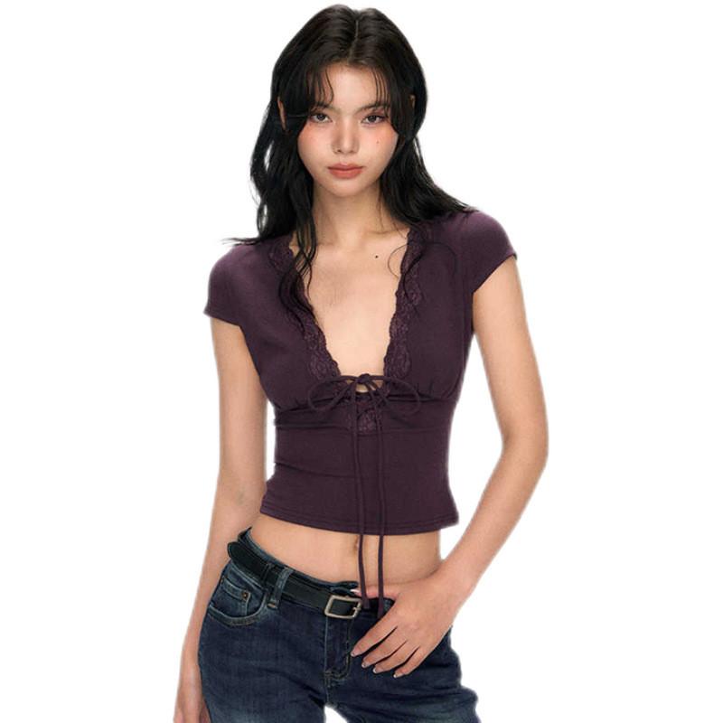 Sexy Black V Neck T Shirt For Women Summer Short Sleeve Slim Fit Casual Top
