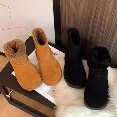 Leather Snow Boots Women's New Winter Velvet Lamb Wool Cotton Shoes Medium Tube Thick-soled Versatile Martin Boots