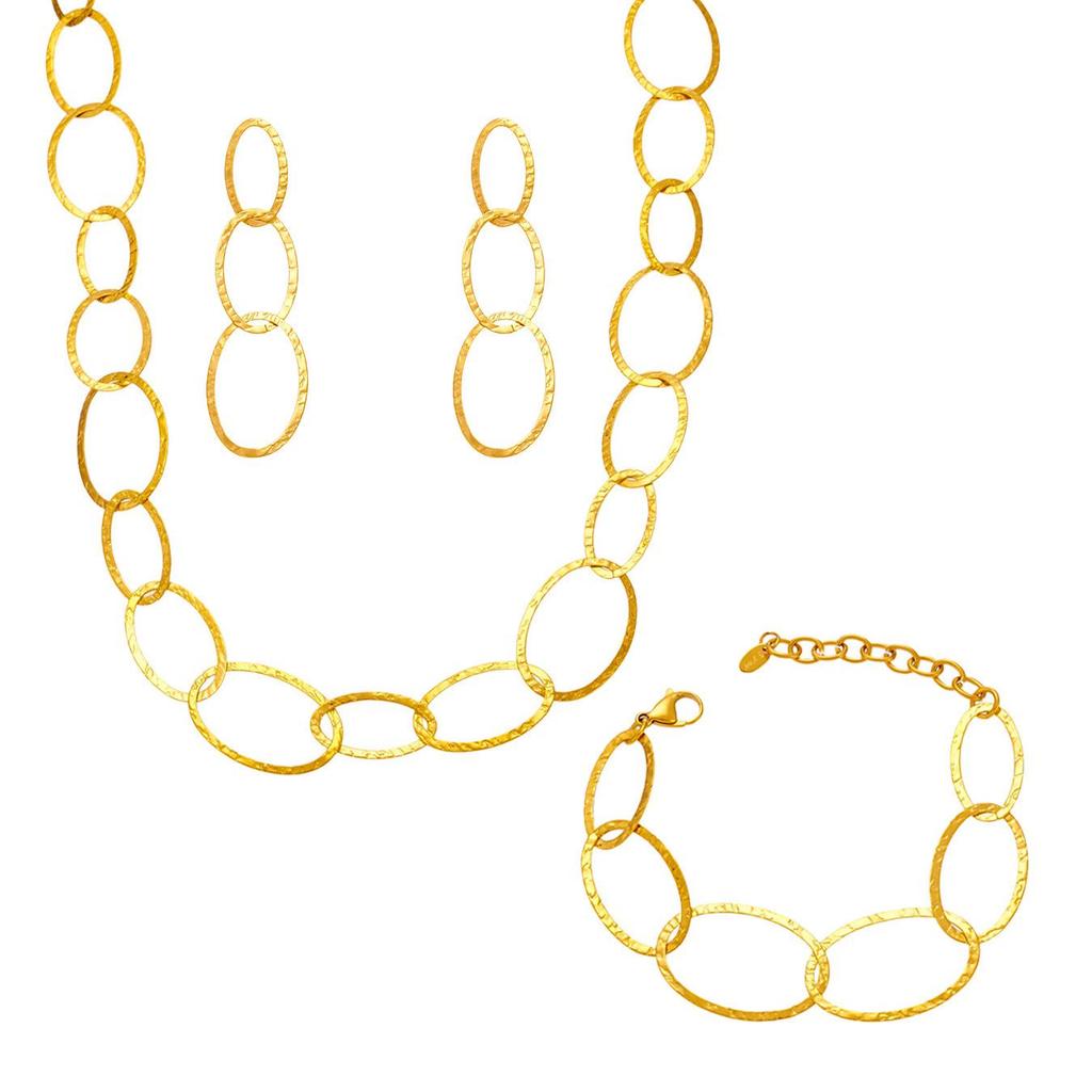 Handmade Hammered Stainless Steel Jewelry Set: Ferris Wheel Circle Necklace, Bracelet & Earrings with Real Gold Plating