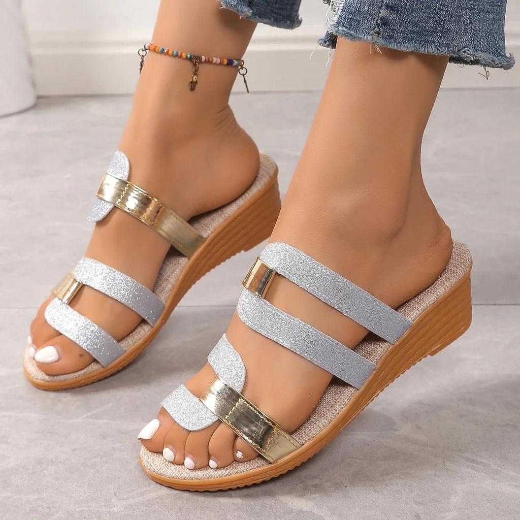 Women Slippers Casual Blocking Sandals Outdoor Soft Leather Slippers Thick Soled Slope Woven Straw Shoes Slides Women
