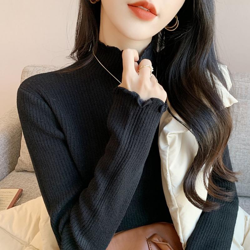Semi-turtleneck Fungus Edge Top Women's Autumn and Winter Thickened Warm Integrated Fleece Pit Strip Knitted Sweater with Bottoming Shirt