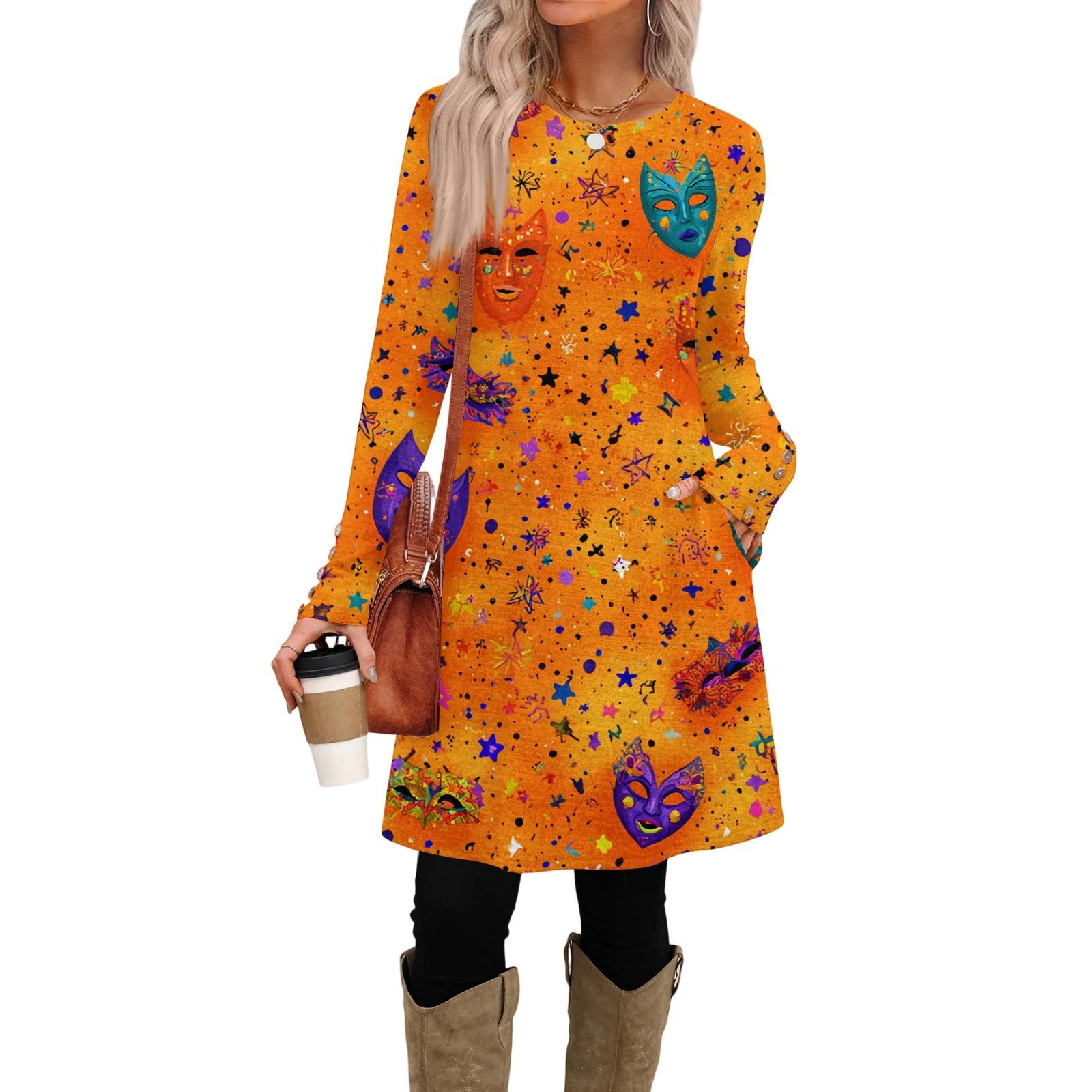 

Жіноча модна повсякденна сукня з кишенями, декоративними ґудзиками, круглим вирізом, довгими рукавами, однотонна S шафрановий