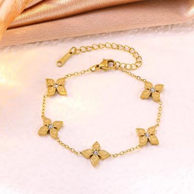 Elegant Four-Leaf Clover Titanium Bracelet with Micro-Paved Diamonds - Light Luxury Women's Floral Jewelry
