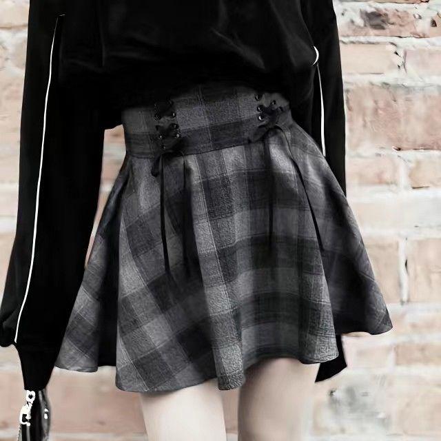 

2025 Spring/Summer Dark Grey Plaid High-Waist Flared Midi and Mini Skirt Set - Trendy Girly Style XL
