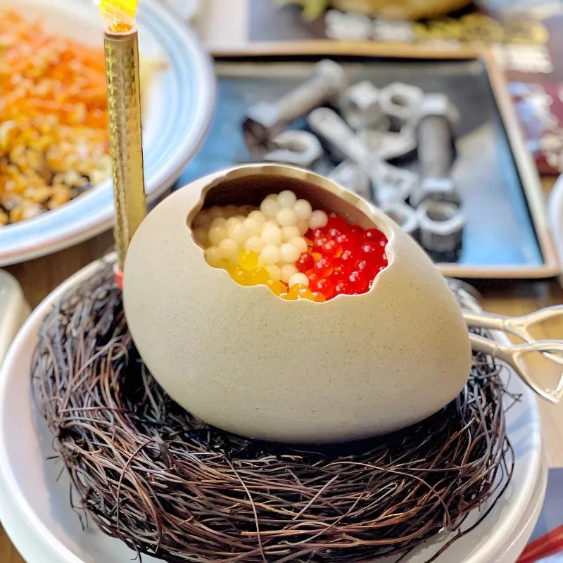 Fuglereir-egg Keramisk bolle Kald drikke Grill Kreativ Spesiell Kunstnerisk Konseptfat Dessert Molekylær Gastronomi