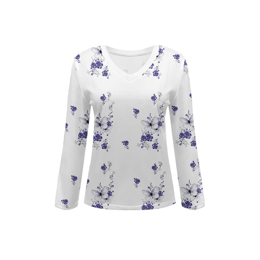 Mode Blumenstreifenmuster 3D-Druck Damen V-Ausschnitt Langarm T-Shirt Herbst Lässig Atmungsaktiv Damenbekleidung Bekleidung Oberteile