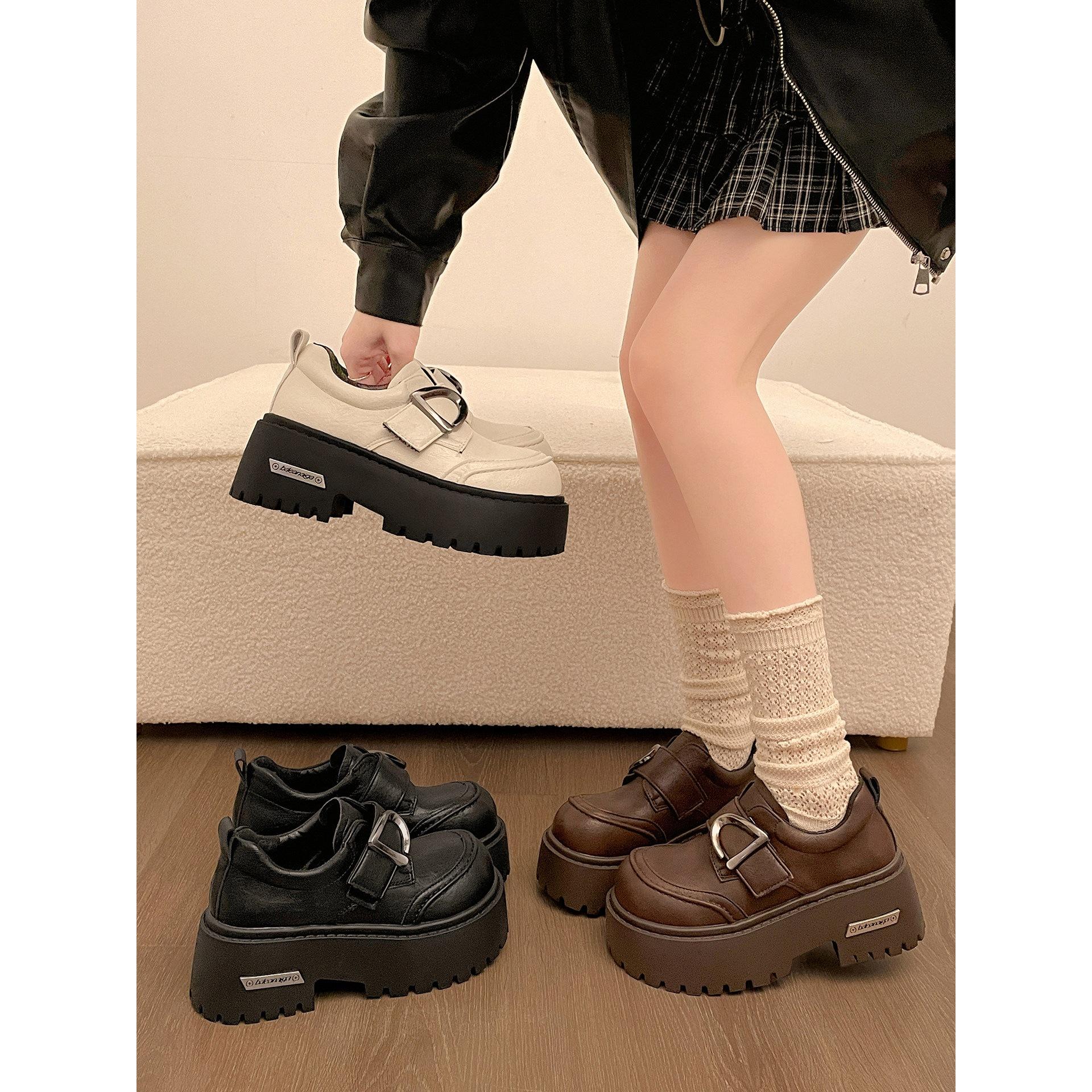 

Black British style thick heel platform jk small leather shoes 2025 spring and autumn small height-increasing loafers 40 коричневий