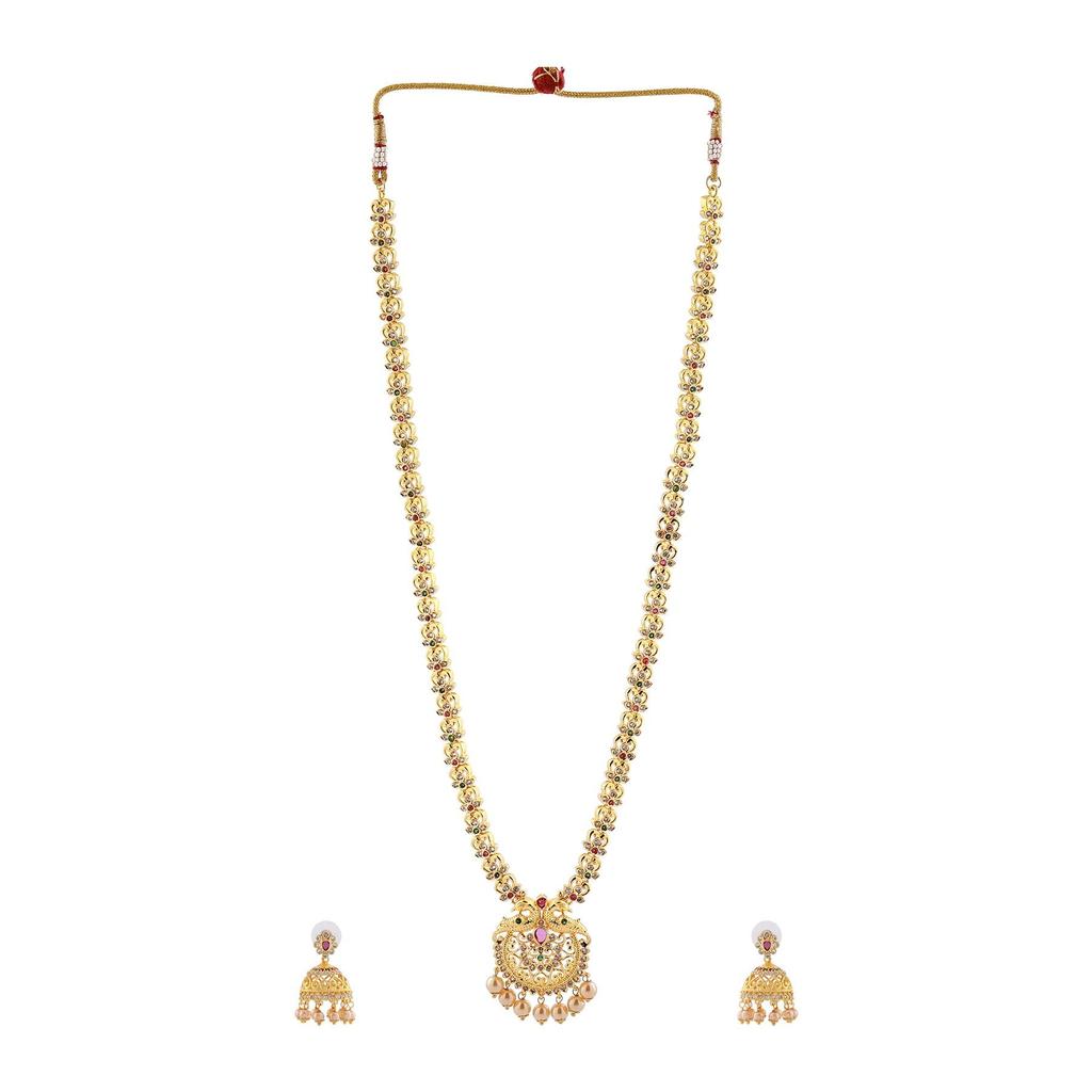 Estele pozłacana cyrkonia sześcienna w stylu pawia długi naszyjnik ślubny z kolorowymi kamieniami i perłami dla kobiet z jhumki