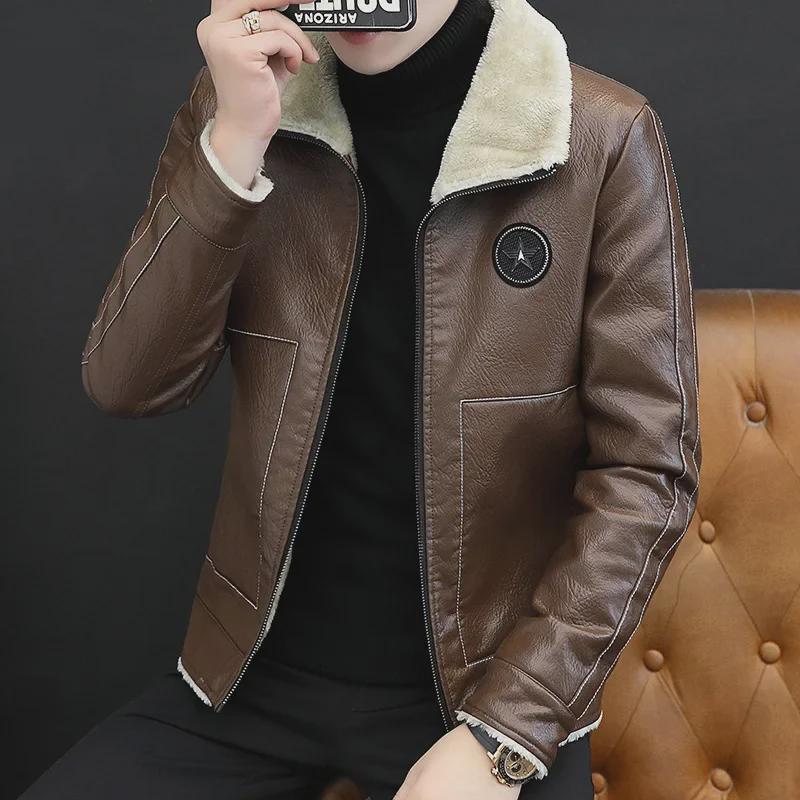 Herren Slim Fit Winterlederjacke - Koreanischer Stil, Samtgefüttert, Warmer Freizeit-Revers für junge Trendsetter