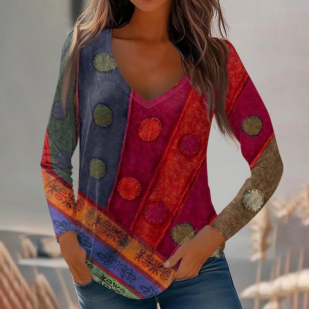 Womens Long Sleeve Tops V Neck Shirts Casual Flower Print Basic Trendy Tee Blouses Fall Tunic Outfits Fitted T Shirts