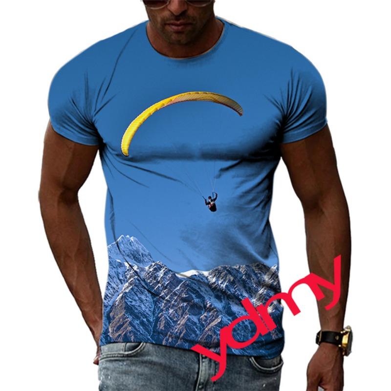 Tide Fashion Summe Parachute Picture Men's T-shirt Casual Print Tees Hip Hop Personality Round Neck Short Sleev Tops