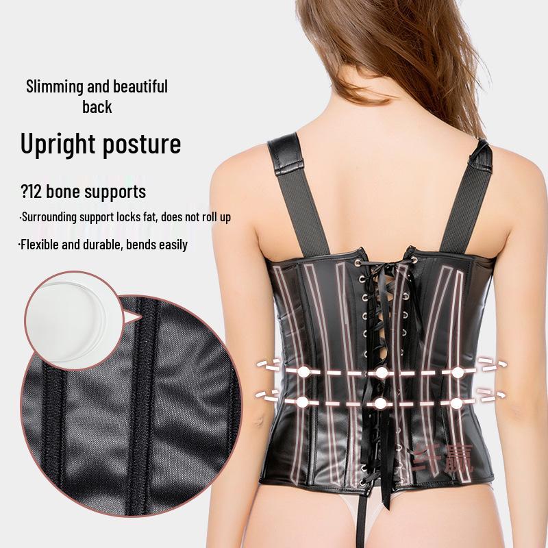 Spicy Gothic Leather Motorcycle Corset Bustier with Tummy Control