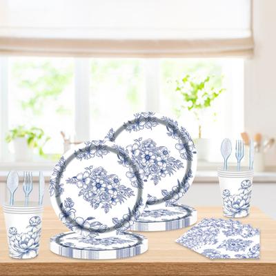 24Pcs Disposable Dinner Plates Set Microwave-Safe Blue Paper Plates with Forks Spoon Cup 7 Inch Heavy-Duty Plates Cut-Resistant Oil Water Resistant