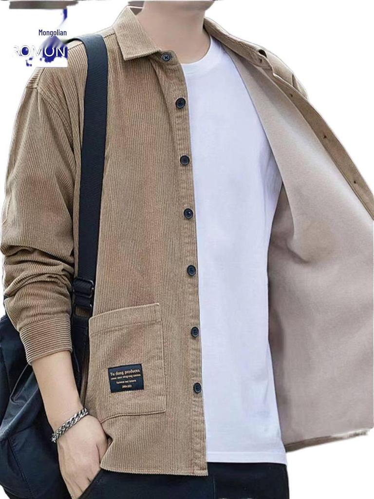 Romon Men's Fleece-Lined Corduroy Warm Shirt Jacket - Iron-Free Autumn/Winter Workwear
