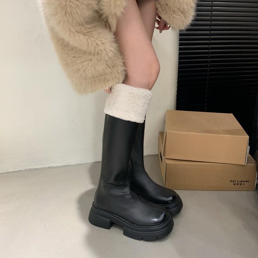 Boots for Women~ Autumn and Winter New Round Head Plush Thick-soled White Boots Medium Long Knight Boots for Women