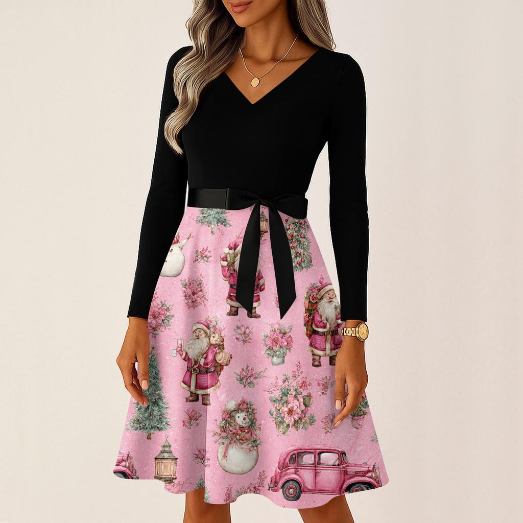 Ladies' Christmas Printed Casual And Fashionable V-neck Long Sleeved Dress