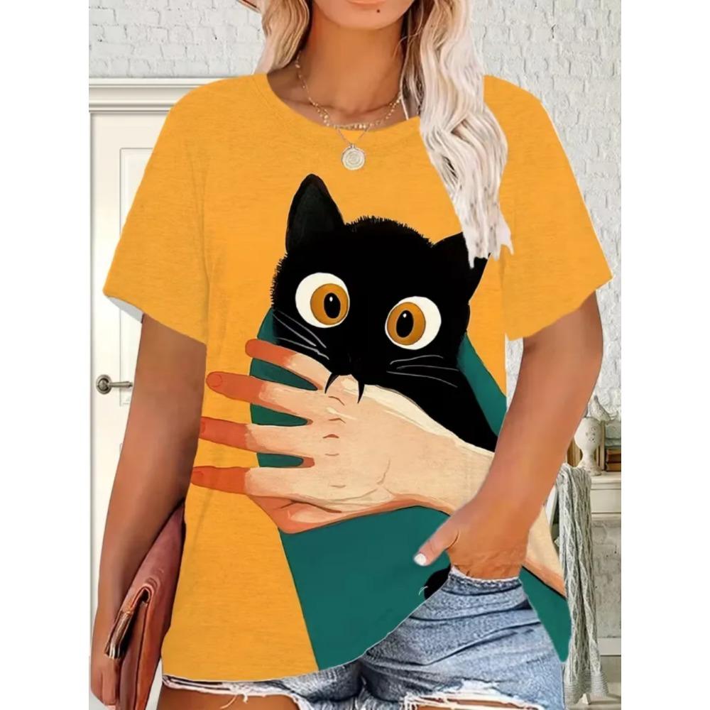 Summer Women Cat Pattern T-Shirt Fun Animal 3D Printed Short Sleeves Loose O-Neck Breathable T-Shirts S