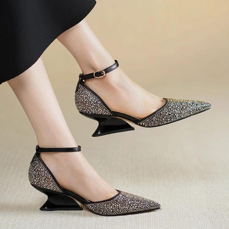 Hollow Rhinestone Baotou One Strap High Heels Summer Pointed Toe Shallow Mouth Special Heel Sandals