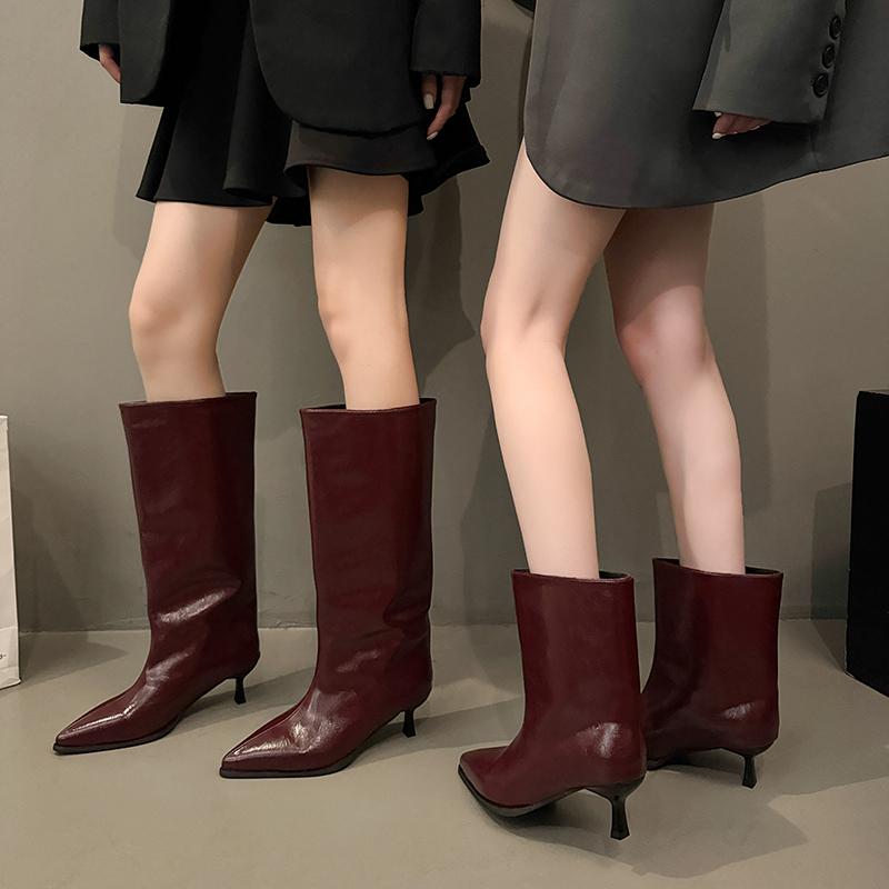Vinter Tunna Låga Klackar Dam Knähöga Stövlar Mode Spetsig Tå Bröllopsfest Skor Damer Eleganta Slip-On Långa Ankelstövlar