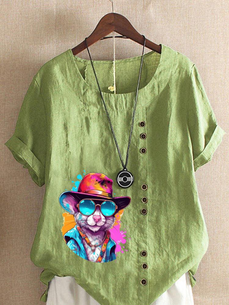

Women s Fashion Colorful Mouse Print Round Neck Short Sleeve T-shirt Casual Cotton Linen Graphic Shirt Leisure Loose Summer Blouse Tops 5XL зелений