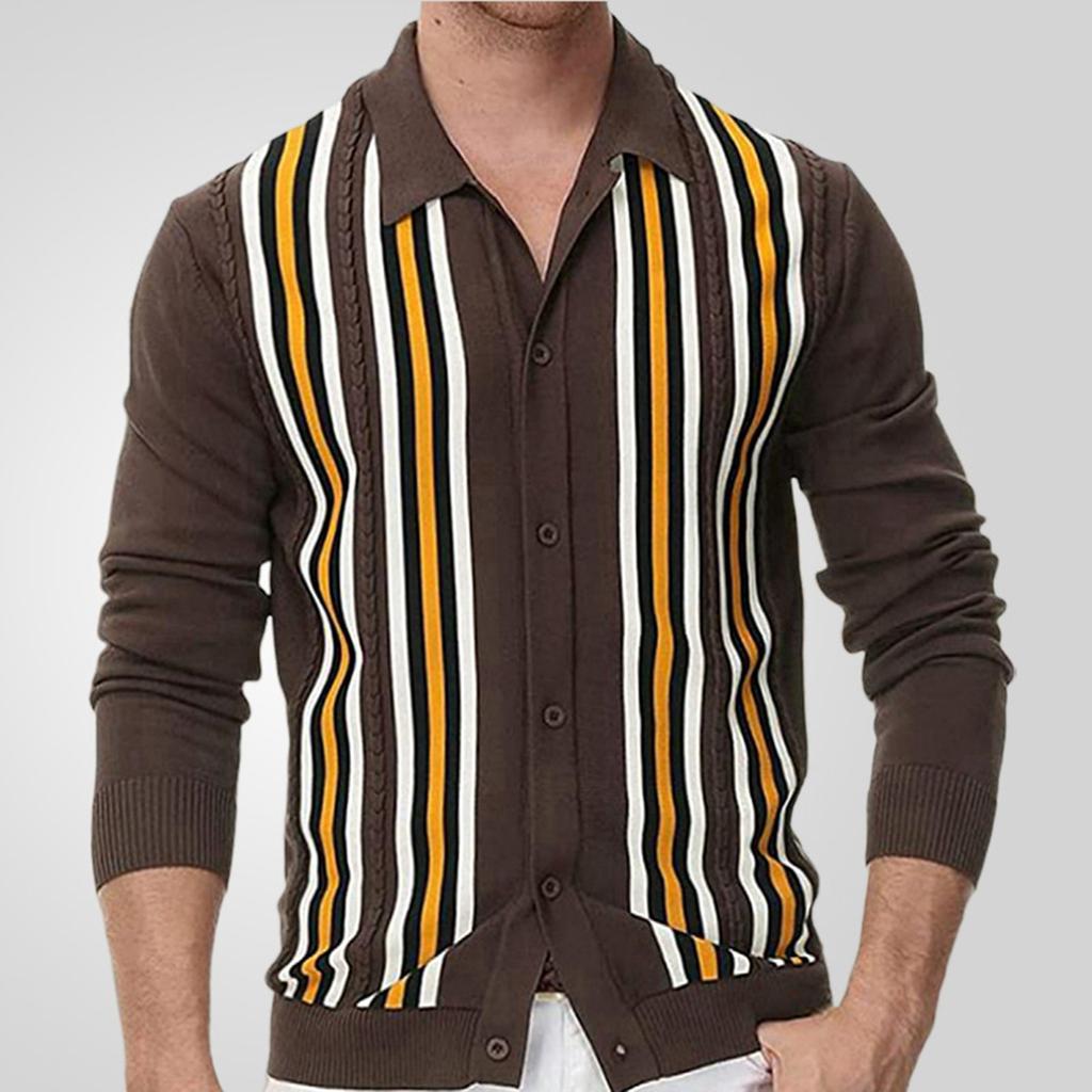 Men's Casual Striped Color - Blocked Knitted Cardigan With Lapel Outerwear