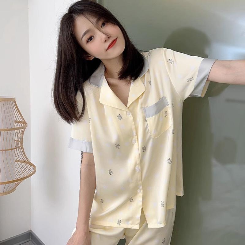 Summer French High-End Bear Pajamas Women'S Short-Sleeved Trousers Thin Contrasting Color Loungewear Women'S Suit