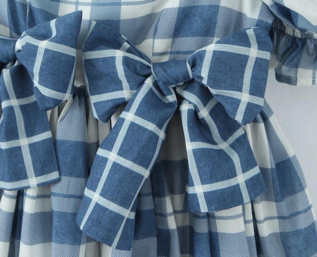 French Summer Plaid Puff Dress with Bow Tie and Short Sleeves