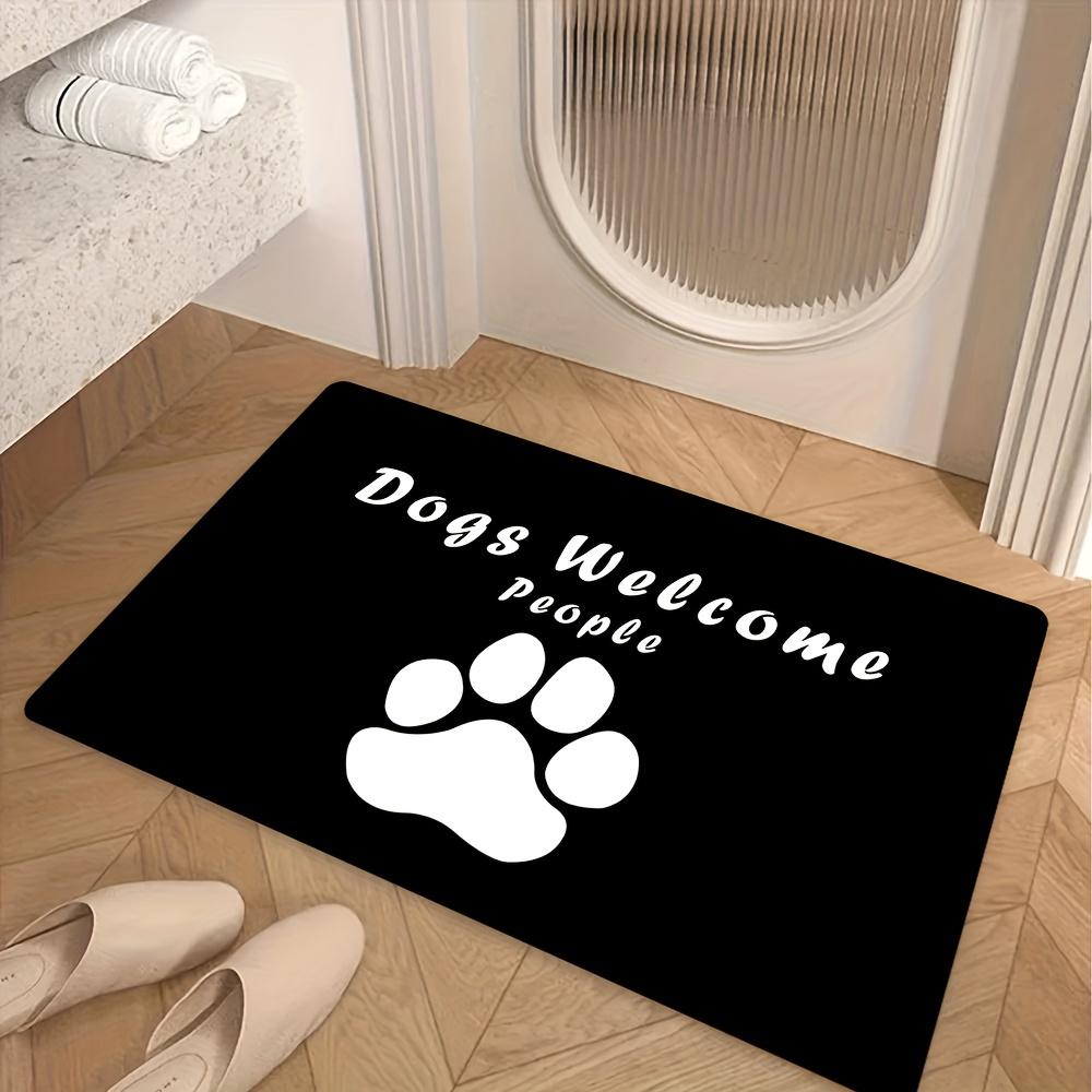 Dogs Welcome People Tolerated Door Mat, Funny Dog Paw Print Entrance Rug, Pet Lover Floor Mat, Black Non-Slip Carpet for Home