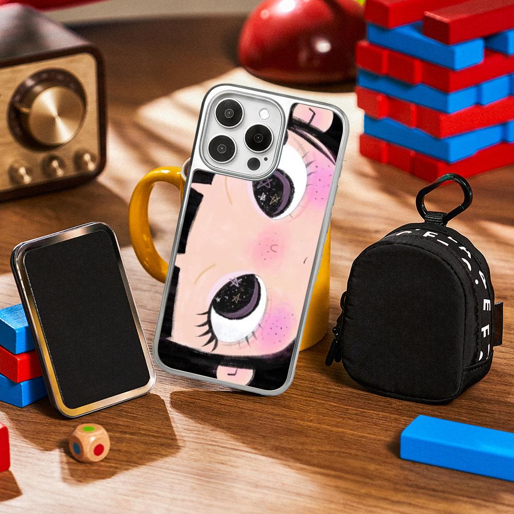 

Cute girl cartoon big eye design Phone Case for iPhone 16 15 14 13 12 11 Pro Max Sheepskin Silver-edged protective case iPhone16Pro