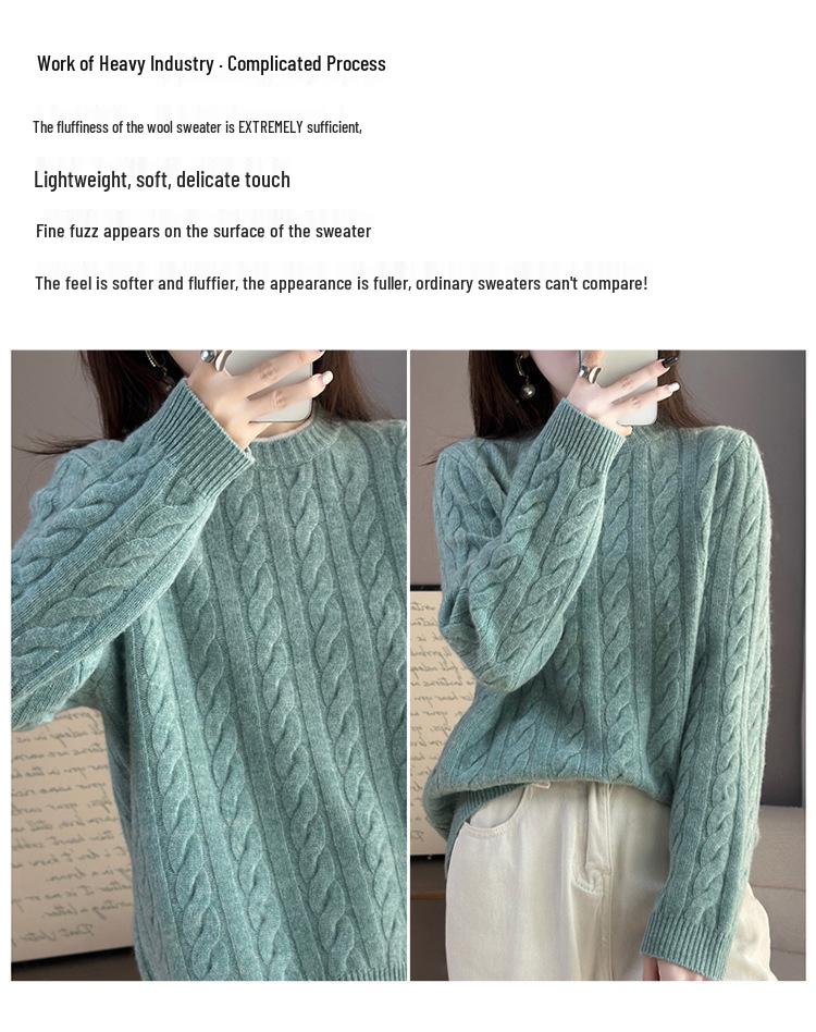 Women's Color-Block Pure Wool Sweater, Cable Knit, Thickened, Loose Fit, Slimming Pullover
