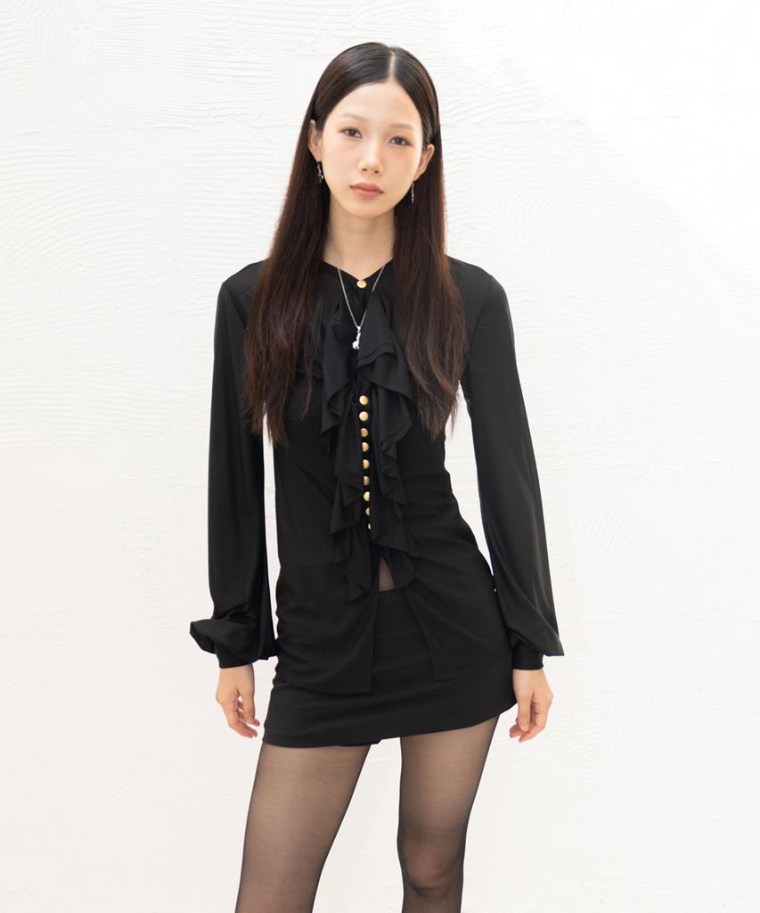 Atiseuteukeompeullegseu Vintage Ruffle Chiffon Blouse (Black)