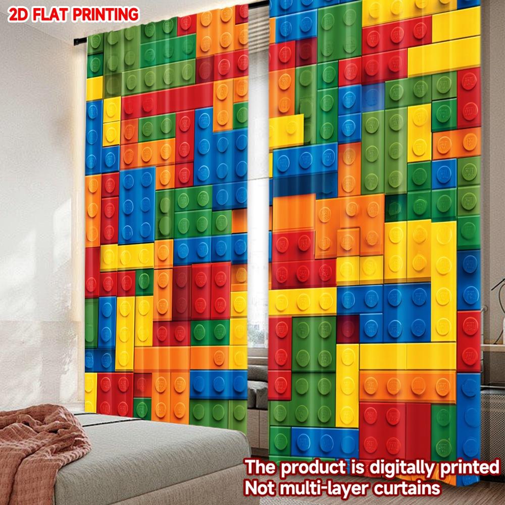 Flat Printing Happy Valentine Day Party Window Curtains Color Square Pattern Digital Printed Polyester Drapes Seasonal Set Of 2 Made