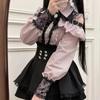 Japanese Y2 Aesthetics Vintage Bow Dress Shorts Set Women Gothic Lolita Style Long Sleeve Shirt Dress Elegant Party Dress Suits