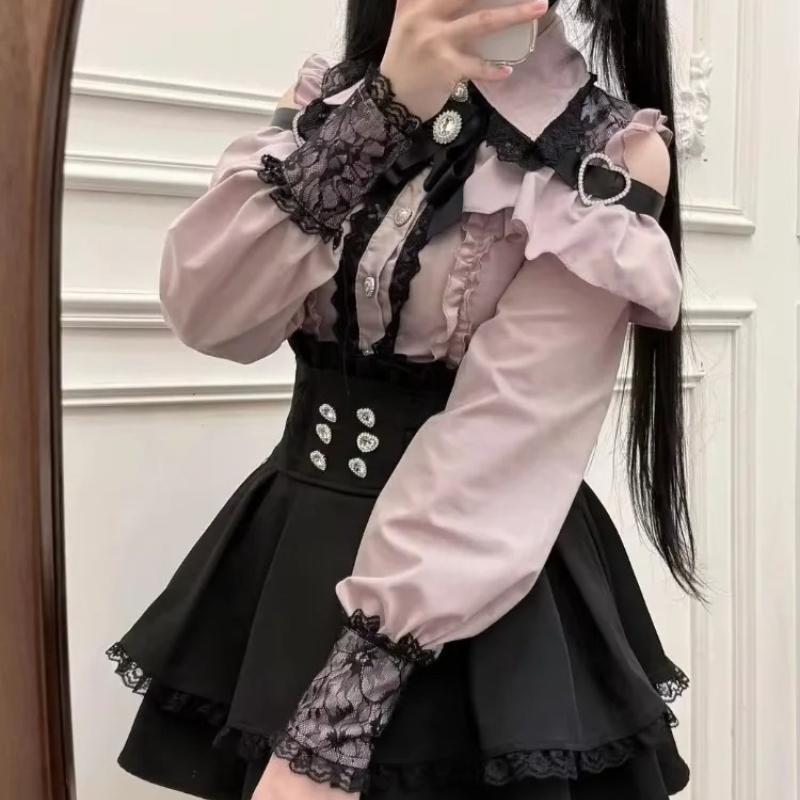 Japanese Y2 Aesthetics Vintage Bow Dress Shorts Set Women Gothic Lolita Style Long Sleeve Shirt Dress Elegant Party Dress Suits