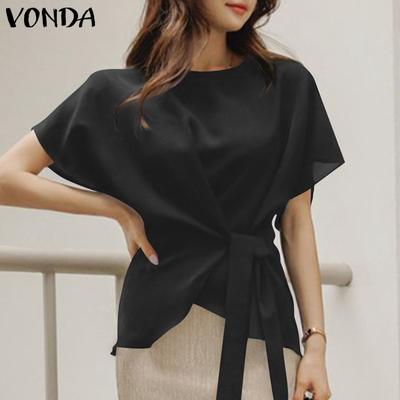 Summer Women's Short Sleeve Crew Neck Tunic Tops Casual Solid Color Pleated Blouse T-shirts S-5XL