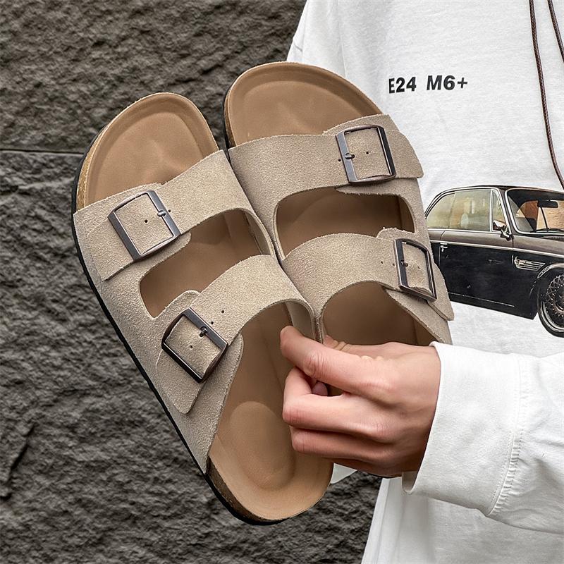Fashion Men's Breathable Fashionable Double Button Slippers Soft Sole Walking Shoes Non-Slip Outdoor Slides Comfortable Beach Sandals