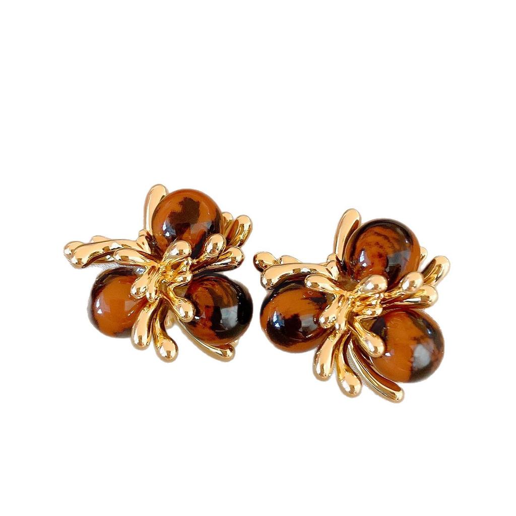 Geometric Tiger's Eye Stud Earrings, Retro Millard Style - Unique Design with Silver Needle 