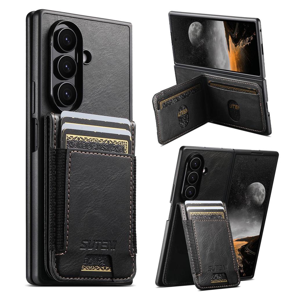 SUTENI Leather Case for Samsung Z Fold 5/6/7: Oil Wax Texture, Card Slot, Elastic Band, Stand Function.