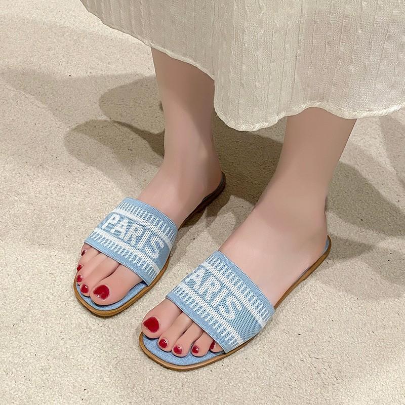 

European and American fashion outerwear casual flat-bottomed slippers 2024 autumn new letter embroidery lazy one foot cool slippers 43 синій