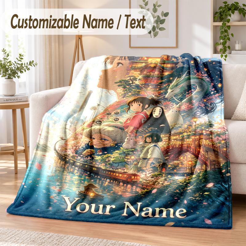 Spirited Away Custom Name Flannel Throw Blanket Soft Warm for Sofa Bed Indoor Home Use