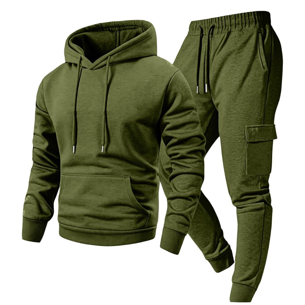 Men's Casual Outdoor Sports Two-Piece Set - Color Sweatshirt and Elastic Waist Cargo Jogger Pants