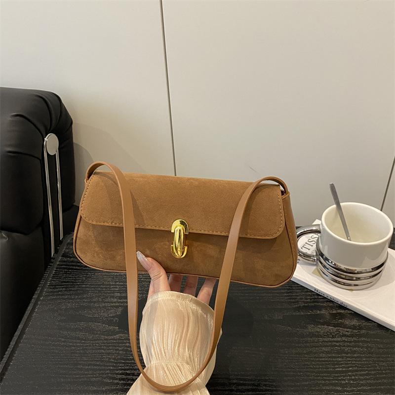 Vintage Faux Suede Box Bags For Women Luxury Designer Handbags And Purses New In PU Lock Decoration Small Underarm Shoulder