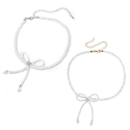 Faux Pearl Choker Necklace with Adjustable Fit Bow Design Short Necklace Formal Events Dresses Parties Necklace Jewelry Gift