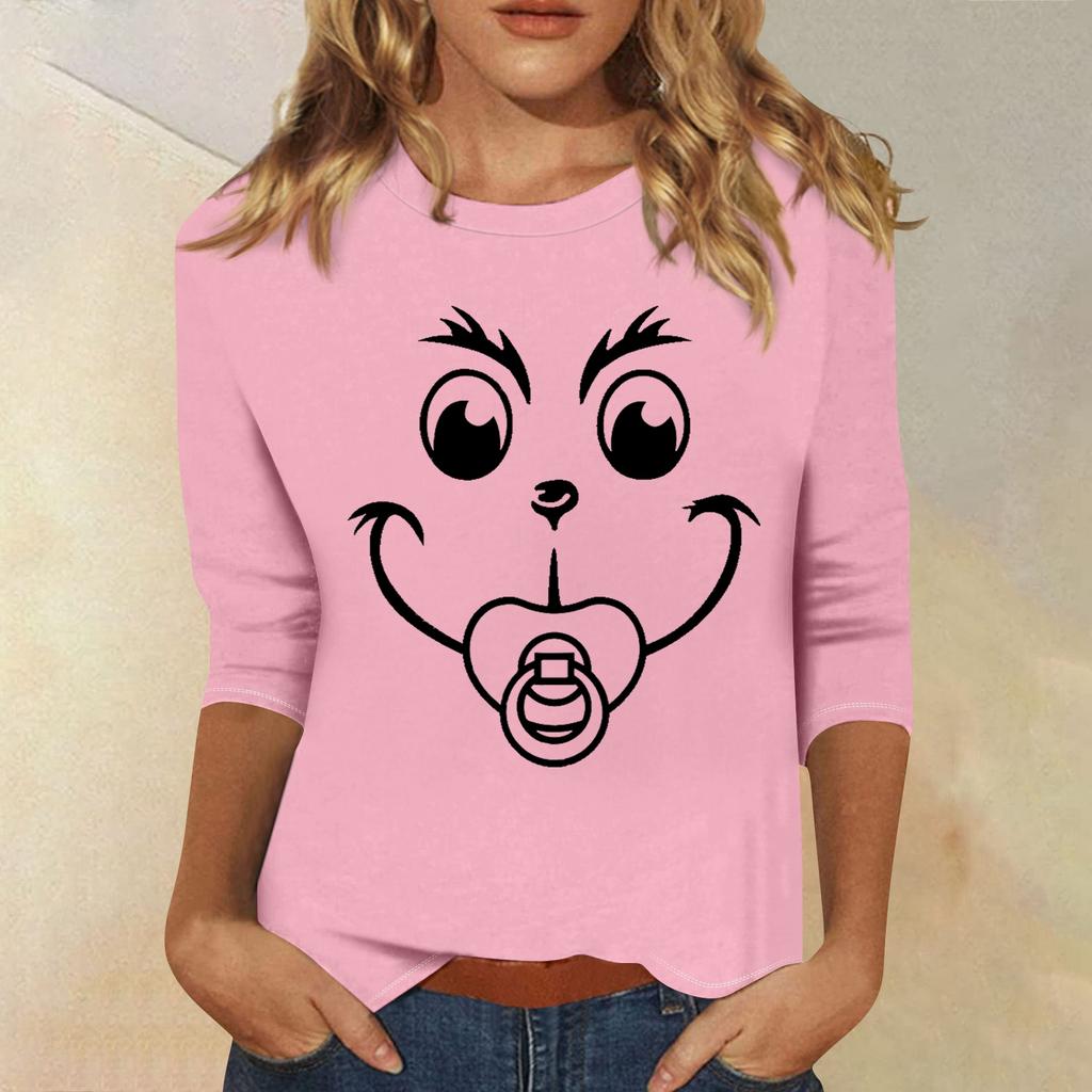 3/4 Sleeve Tops For Women T-Shirt Casual Christmas Print Tops T Shirt Round Neck Pullover Blouse