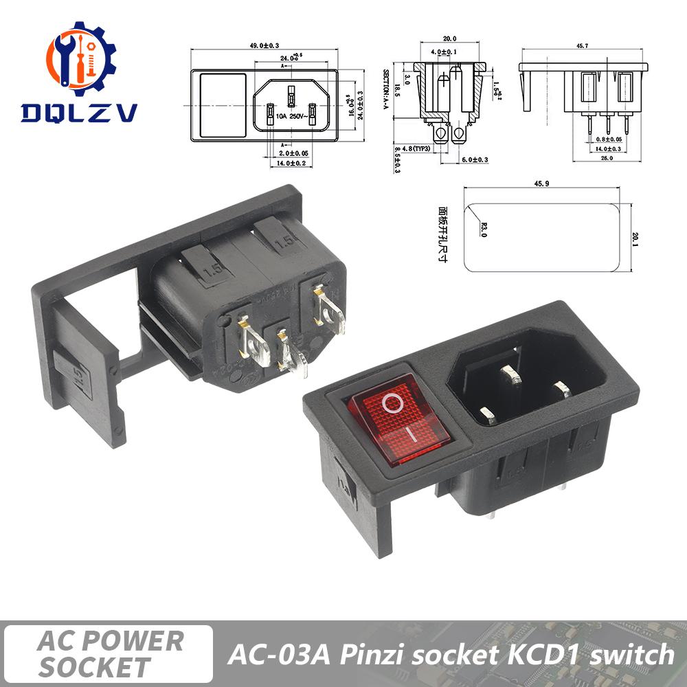 Inlet Plug Pin Connector 3 Pin IEC320 C14 Electrical Socket LED 250V Rocker Switch Brass 10A Fuse Computer Mount Accessories