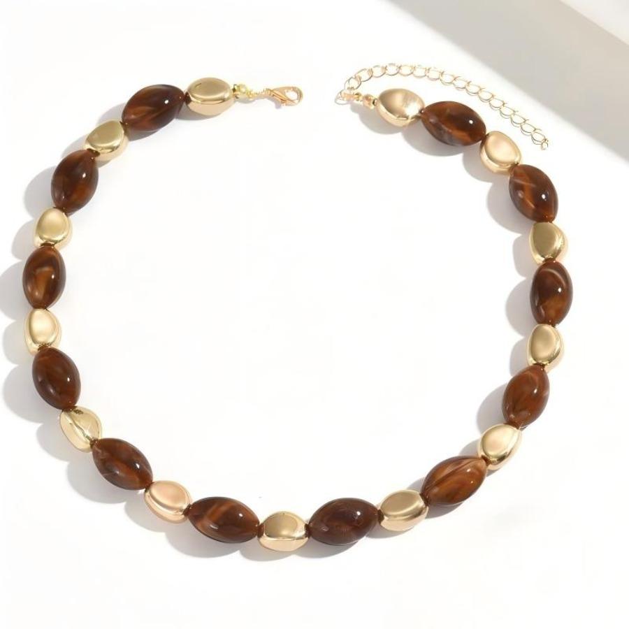 1pc Women'S Oval Resin Geometric Choker Necklace | Vintage Beaded Sweater Chain In Umber Color, Ideal for Daily Wear and Valentine'S Day Gift