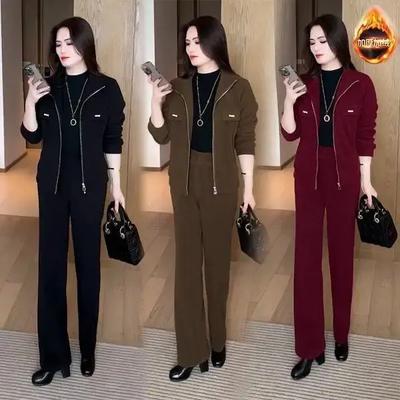 Dames Herfst- en Winter Verdikte Fleece Casual Sportkleding Set Kort Jasje + Broek met Wijde Pijpen Tweedelige Set