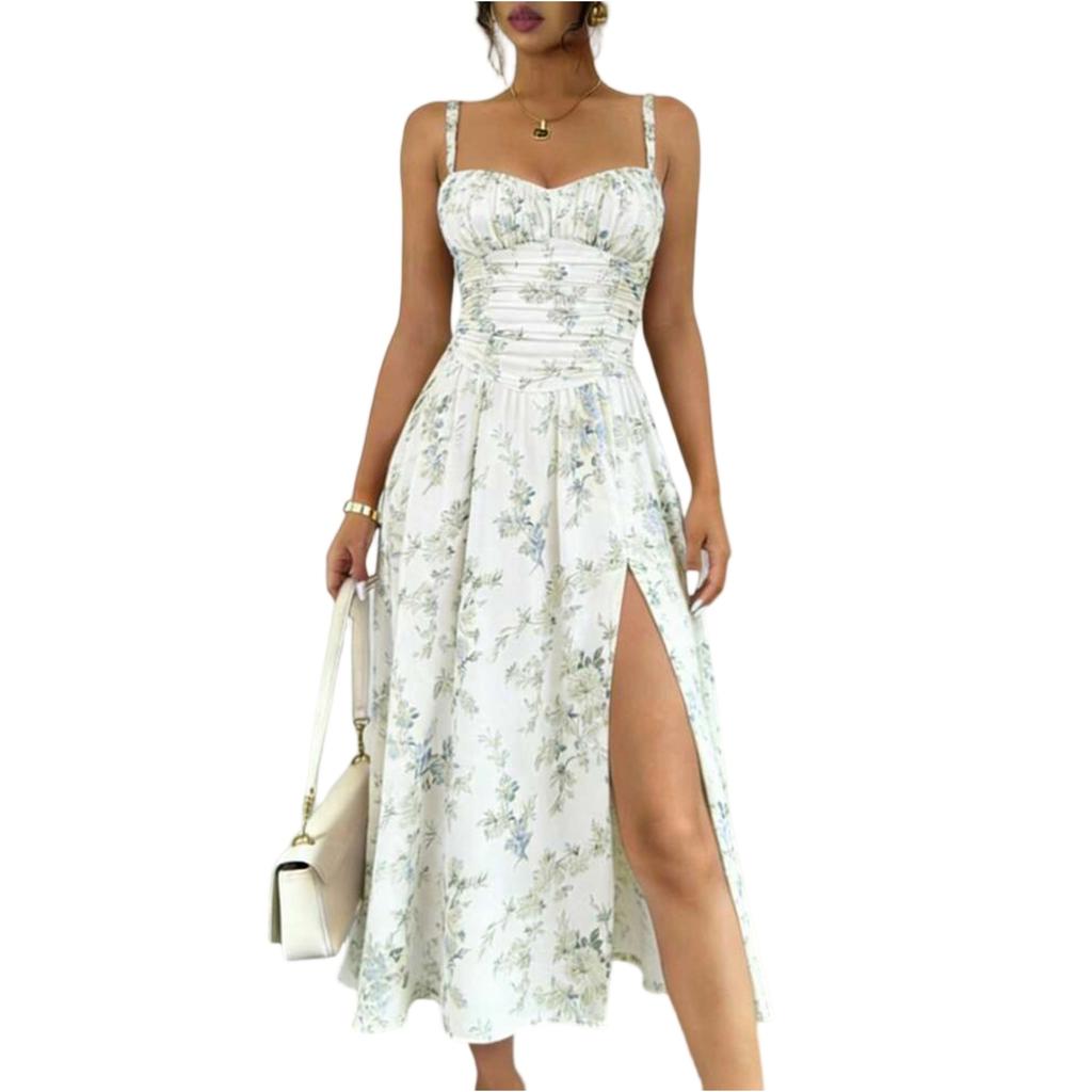 Women Floral Print Bohemian High Slit Spaghetti Strap Maxi Dress for Beach Holiday Casual Summer Outfits Sundress