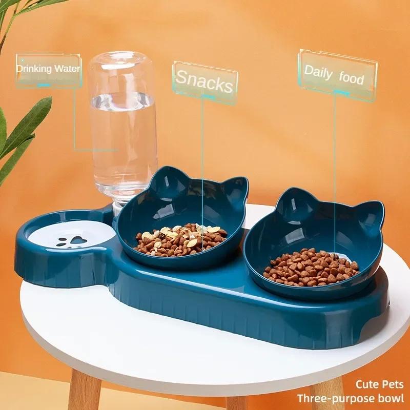 Cat Food Bowl Triple Pet Feeding Bowls Pet Feeder, 2-in-1 Double Bowls with Automatic Drinking Bottle Pet Supplies
